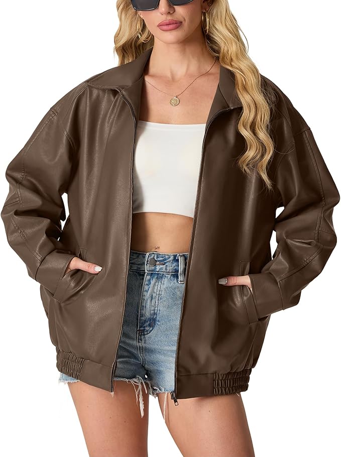 Lepunuo Leather Jacket for Women Oversized Faux Leather Moto Biker Coat Fall Fashion Winter Outfits Y2K Streetwear