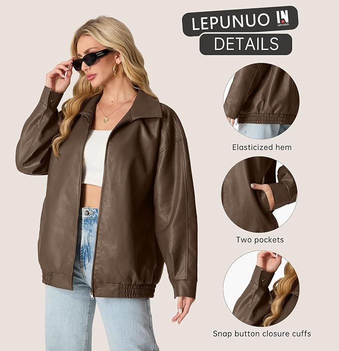 Lepunuo Leather Jacket for Women Oversized Faux Leather Moto Biker Coat Fall Fashion Winter Outfits Y2K Streetwear