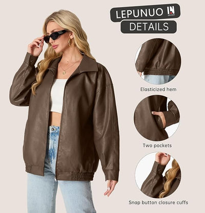 Lepunuo Leather Jacket for Women Oversized Faux Leather Moto Biker Coat Fall Fashion Winter Outfits Y2K Streetwear