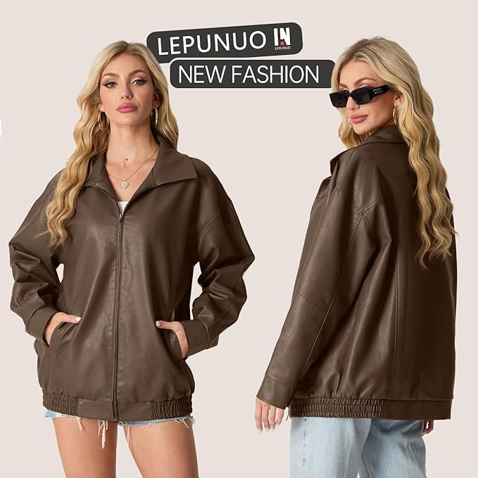 Lepunuo Leather Jacket for Women Oversized Faux Leather Moto Biker Coat Fall Fashion Winter Outfits Y2K Streetwear