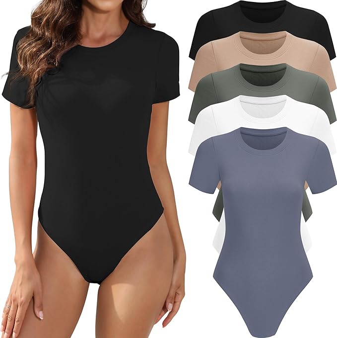 5 Pack Body Suits for Womens Short Sleeve